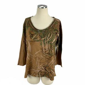 Jane Ashley Large Brown Green Blouse Tropical Boho